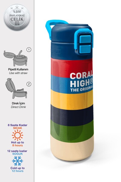 Coral High Kids Çok Renkli Çizgi Desenli Pipetli ve Direkt İçim Çelik Termos 500 ml 38112 - 1