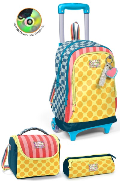 Coral High Kids Çok Renkli Dama Çizgi Puantiye Desenli Çekçekli 3'lü Çanta Seti SET0134004 - 1
