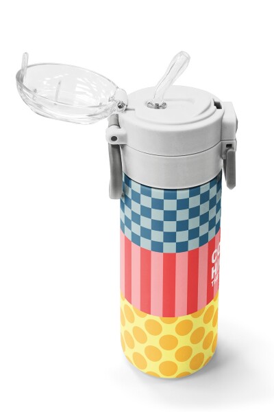 Coral High Kids Çok Renkli Dama Çizgi Puantiye Desenli Pipetli ve Direkt İçim Çelik Termos 500 ml 38104 - 5