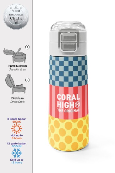 Coral High Kids Çok Renkli Dama Çizgi Puantiye Desenli Pipetli ve Direkt İçim Çelik Termos 500 ml 38104 - 1