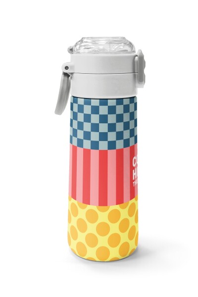 Coral High Kids Çok Renkli Dama Çizgi Puantiye Desenli Pipetli ve Direkt İçim Çelik Termos 500 ml 38104 - 2