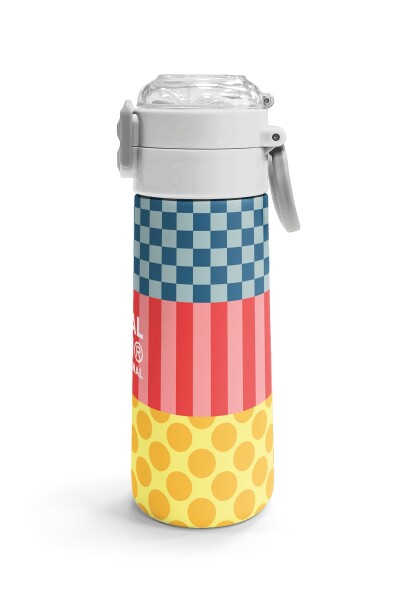 Coral High Kids Çok Renkli Dama Çizgi Puantiye Desenli Pipetli ve Direkt İçim Çelik Termos 500 ml 38104 - 3