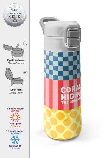 Coral High Kids Çok Renkli Dama Çizgi Puantiye Desenli Pipetli ve Direkt İçim Çelik Termos 500 ml 38104 