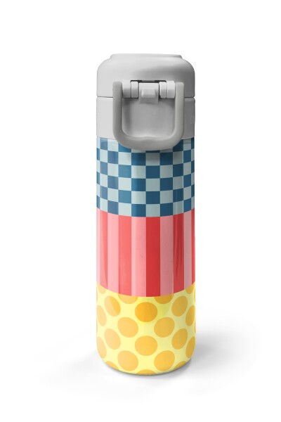 Coral High Kids Çok Renkli Dama Çizgi Puantiye Desenli Pipetli ve Direkt İçim Çelik Termos 500 ml 38104 - 7