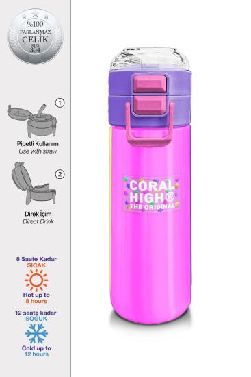 Coral High Kids Çok Renkli Desenli Pipetli ve Direkt İçim Çelik Termos 500 ml 31876 - CORAL HIGH KIDS
