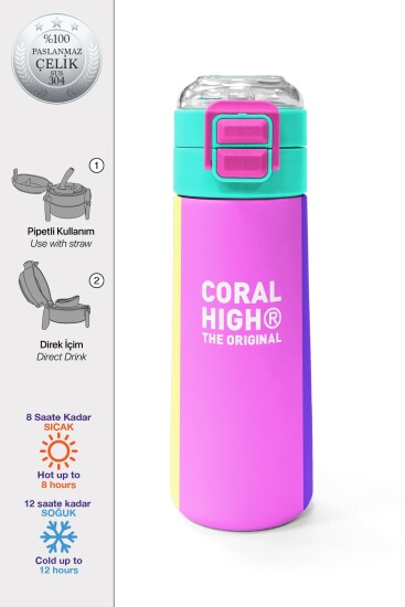 Coral High Kids Çok Renkli Desenli Pipetli ve Direkt İçim Çelik Termos 500 ml 31876 - Coral High KIDS