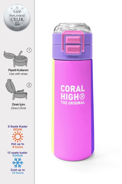 Coral High Kids Çok Renkli Desenli Pipetli ve Direkt İçim Çelik Termos 500 ml 31876 - 1