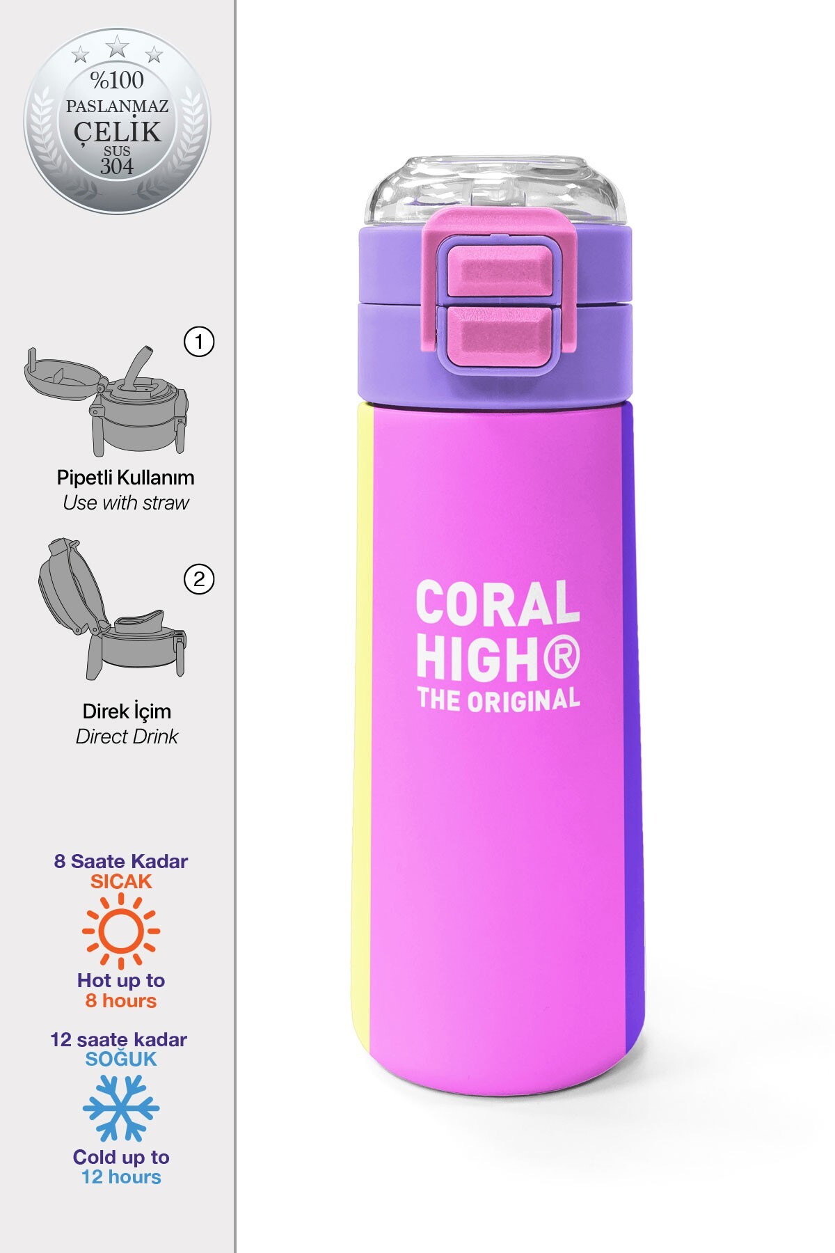Coral High Kids Çok Renkli Desenli Pipetli ve Direkt İçim Çelik Termos 500 ml 31876