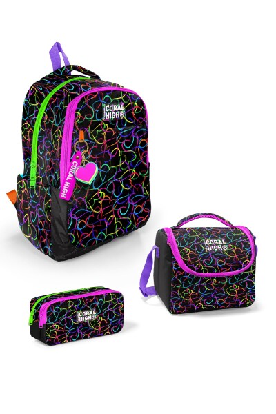 Coral High Kids Çok Renkli Kalp Desenli 3’lü Okul Çanta Seti SET0123670 - 1