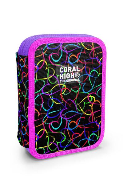 Coral High Kids Çok Renkli Kalp Desenli Çift Katlı Kalem Çanta 11145 - 1