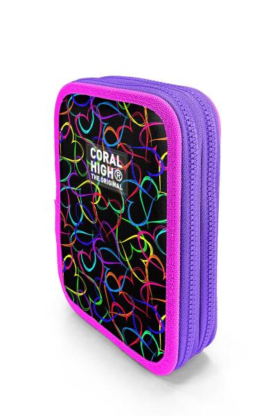 Coral High Kids Çok Renkli Kalp Desenli Çift Katlı Kalem Çanta 11145 - 2