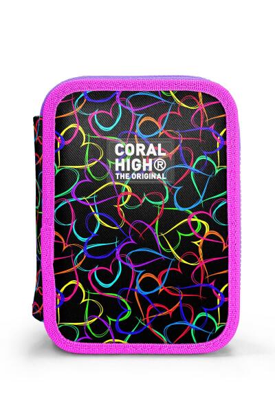 Coral High Kids Çok Renkli Kalp Desenli Çift Katlı Kalem Çanta 11145 - 11