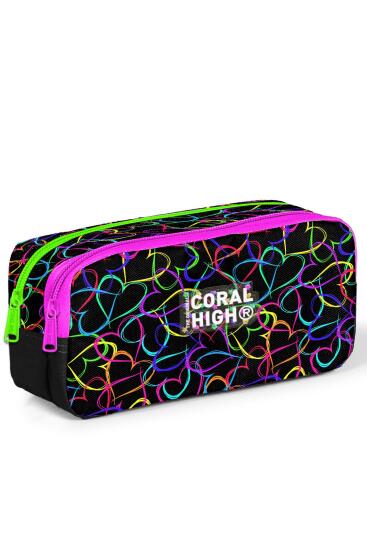 Coral High Kids Çok Renkli Kalp Desenli İki Bölmeli Kalem Çantası 22145 