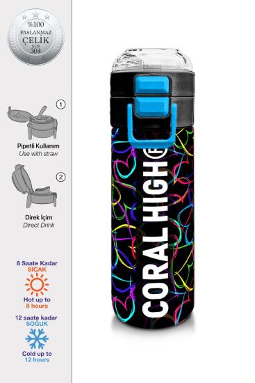 Coral High Kids Çok Renkli Kalp Desenli Pipetli ve Direkt İçim Çelik Termos 500 ml 31870 - Coral High KIDS