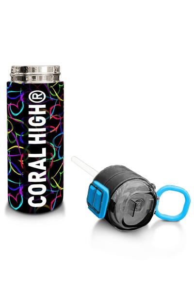 Coral High Kids Çok Renkli Kalp Desenli Pipetli ve Direkt İçim Çelik Termos 500 ml 31870 - 4