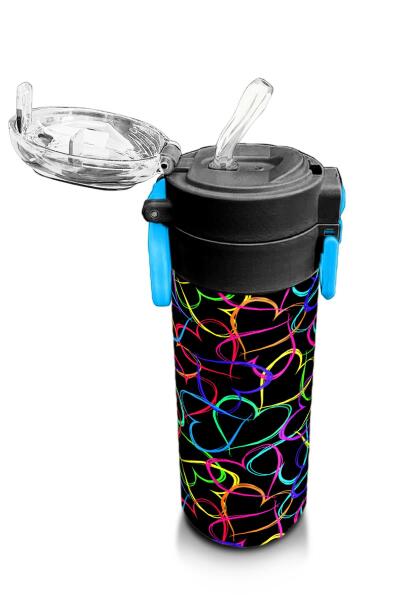 Coral High Kids Çok Renkli Kalp Desenli Pipetli ve Direkt İçim Çelik Termos 500 ml 31870 - 5