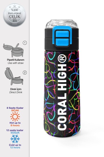 Coral High Kids Çok Renkli Kalp Desenli Pipetli ve Direkt İçim Çelik Termos 500 ml 31870 - CORAL HIGH KIDS