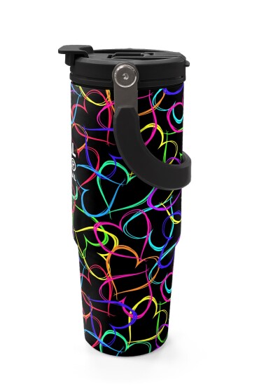 Coral High Kids Çok Renkli Kalp Desenli Pipetli ve Direkt İçim Çelik Termos 900 ml 38727 - 5