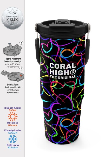 Coral High Kids Çok Renkli Kalp Desenli Pipetli ve Direkt İçim Çelik Termos 900 ml 38727 - 1