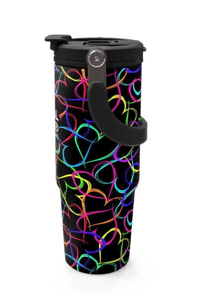 Coral High Kids Çok Renkli Kalp Desenli Pipetli ve Direkt İçim Çelik Termos 900 ml 38727 - 5