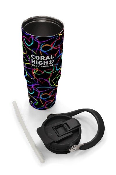 Coral High Kids Çok Renkli Kalp Desenli Pipetli ve Direkt İçim Çelik Termos 900 ml 38727 - 8