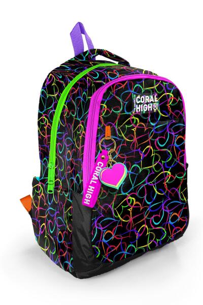 Coral High Kids Çok Renkli Kalp Desenli Üç Bölmeli Okul Sırt Çantası 23670 - 1