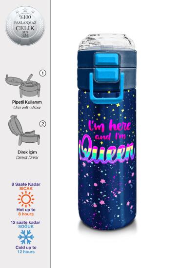 Coral High Kids Çok Renkli Lacivert Desenli Pipetli ve Direkt İçim Çelik Termos 500 ml 31848 - Coral High KIDS