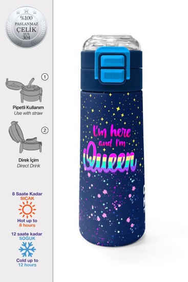 Coral High Kids Çok Renkli Lacivert Desenli Pipetli ve Direkt İçim Çelik Termos 500 ml 31848 - Coral High KIDS