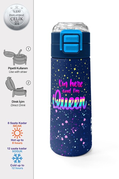 Coral High Kids Çok Renkli Lacivert Desenli Pipetli ve Direkt İçim Çelik Termos 500 ml 31848 - 1