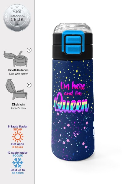 Coral High Kids Çok Renkli Lacivert Desenli Pipetli ve Direkt İçim Çelik Termos 500 ml 31848 - 1