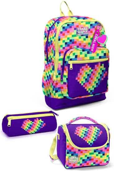 Coral High Kids Çok Renkli Piksel Kalp Desenli 3’lü Okul Çanta Seti SET0133208 