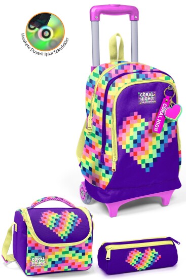 Coral High Kids Çok Renkli Piksel Kalp Desenli Çekçekli 3'lü Çanta Seti SET0134008 