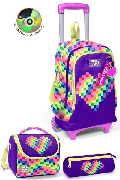 Coral High Kids Çok Renkli Piksel Kalp Desenli Çekçekli 3'lü Çanta Seti SET0134008 - 1