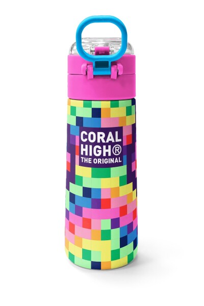 Coral High Kids Çok Renkli Piksel Kalp Desenli Pipetli ve Direkt İçim Çelik Termos 500 ml 38108 - 4