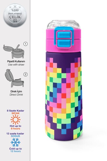 Coral High Kids Çok Renkli Piksel Kalp Desenli Pipetli ve Direkt İçim Çelik Termos 500 ml 38108 