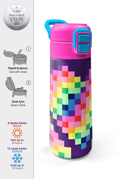 Coral High Kids Çok Renkli Piksel Kalp Desenli Pipetli ve Direkt İçim Çelik Termos 500 ml 38108 - 1
