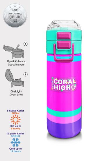 Coral High Kids Çok Renkli Pipetli ve Direkt İçim Çelik Termos 500 ml 31864 - Coral High KIDS