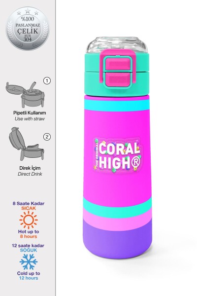 Coral High Kids Çok Renkli Pipetli ve Direkt İçim Çelik Termos 500 ml 31864 - 1