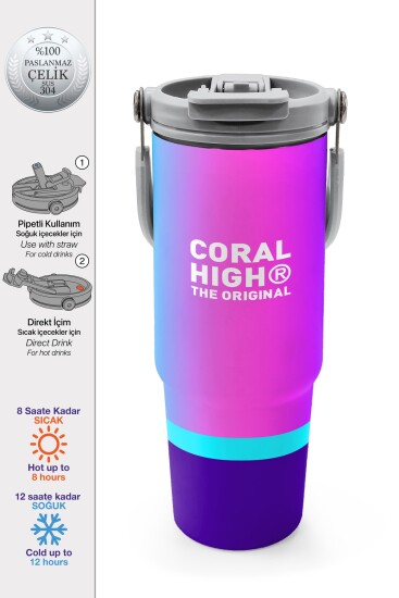 Coral High Kids Çok Renkli Pipetli ve Direkt İçim Çelik Termos 900 ml 38723 - CORAL HIGH