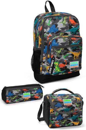 Coral High Kids Koyu Gri Siyah Kamuflaj Dinozorr Desenli 3’lü Okul Çanta Seti SET0123474 