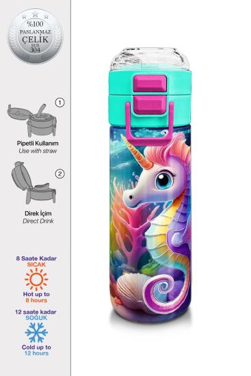 Coral High Kids Denizatı Desenli Pipetli ve Direkt İçim Çelik Termos 500 ml 31988 - Coral High KIDS