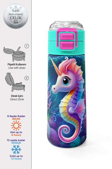 Coral High Kids Denizatı Desenli Pipetli ve Direkt İçim Çelik Termos 500 ml 31988 - Coral High KIDS