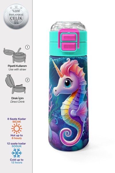 Coral High Kids Denizatı Desenli Pipetli ve Direkt İçim Çelik Termos 500 ml 31988 - 1