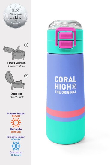 Coral High Kids Derin Mavi Renkli Pipetli ve Direkt İçim Çelik Termos 500 ml 31854 - 1
