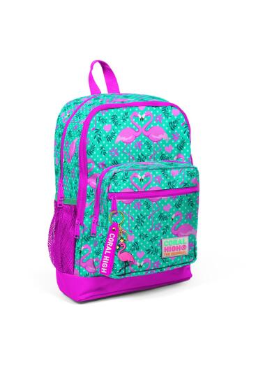 Coral High Kids Su Yeşili Pembe Flamingo Desenli Dört Bölmeli USB'li Okul Sırt Çantası 23812 - 7