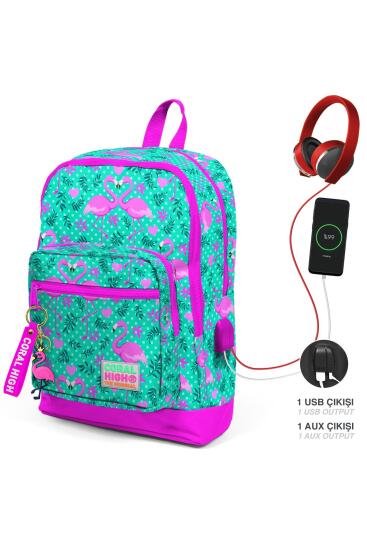 Coral High Kids Su Yeşili Pembe Flamingo Desenli Dört Bölmeli USB'li Okul Sırt Çantası 23812 