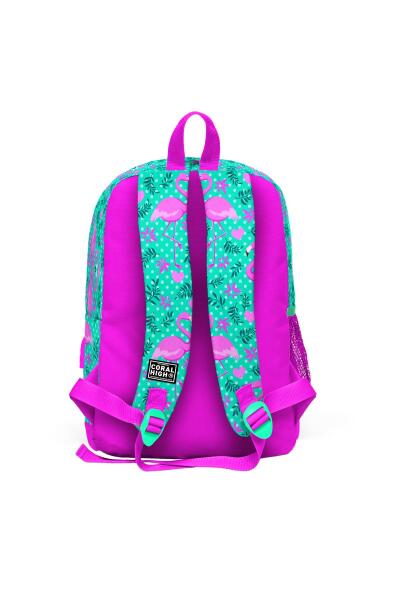 Coral High Kids Su Yeşili Pembe Flamingo Desenli Dört Bölmeli USB'li Okul Sırt Çantası 23812 - 4