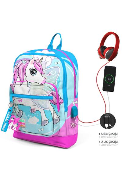 Coral High Kids Mavi Neon Pembe Unicorn Desenli Dört Bölmeli USB'li Okul Sırt Çantası 23811 - 1