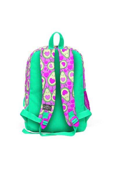 Coral High Kids Açık Pembe Su Yeşili Avokado Desenli Dört Bölmeli USB'li Okul Sırt Çantası 23809 - 3