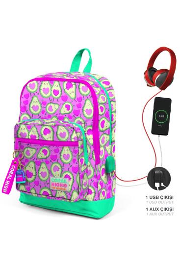 Coral High Kids Açık Pembe Su Yeşili Avokado Desenli Dört Bölmeli USB'li Okul Sırt Çantası 23809 